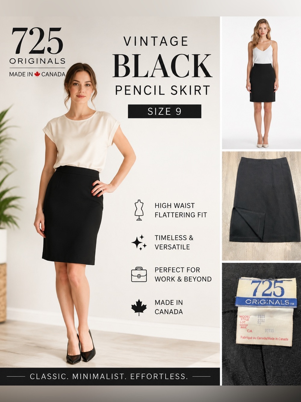 Vintage 725 Originals Black Pencil Skirt High Waist Made in Canada size 9